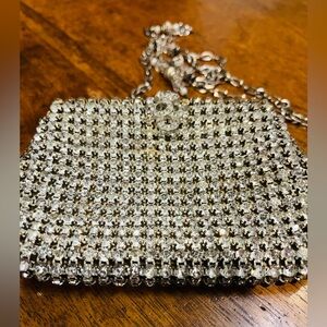Vintage crystal mesh evening bag. Long chain strap.